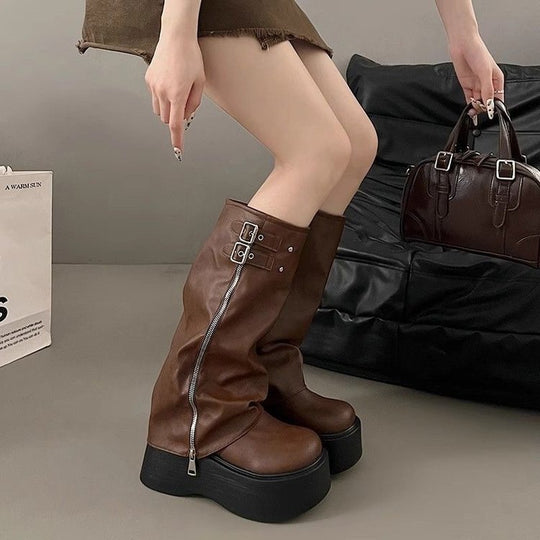 Damen Overknee Stiefel mit verstellbaren Riemen und modischem Reißverschluss R&B