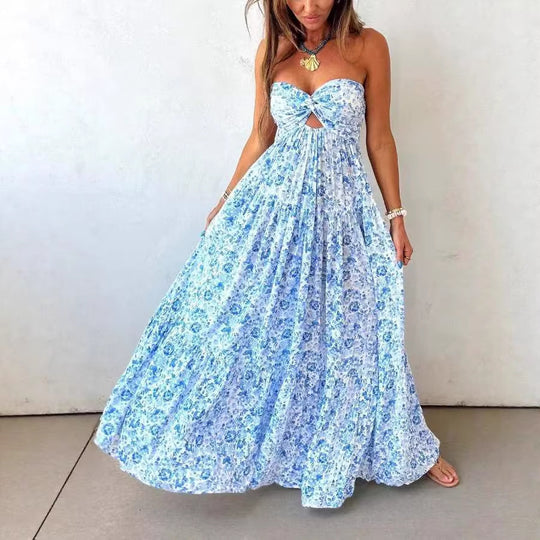 Damen nan trägerloses gedrehtes Bustier-Maxikleid mit Cut-out und mehrlagigem Stufenrock in leichter Crinkle-Qualität R&B