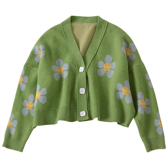 Damen Kurzstrickjacke mit floralem Design und großen Knöpfen R&B