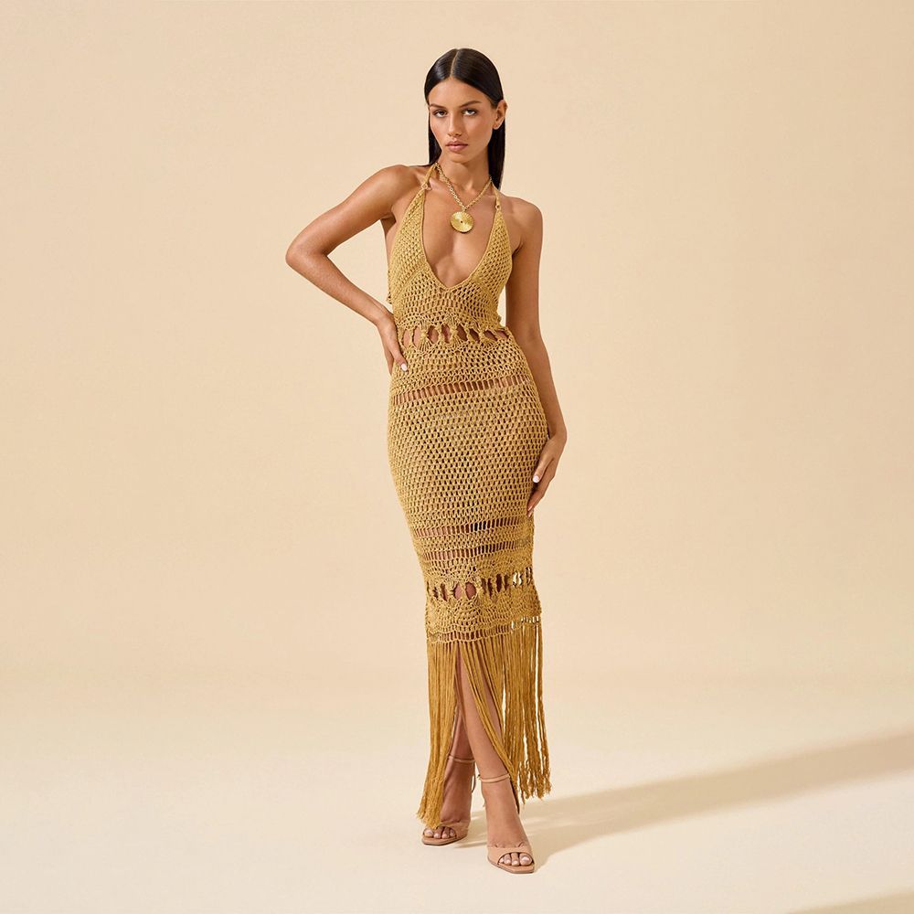 Damen Häkel-Strandkleid mit tiefem V-Ausschnitt und kreativem Cut-Out R&B