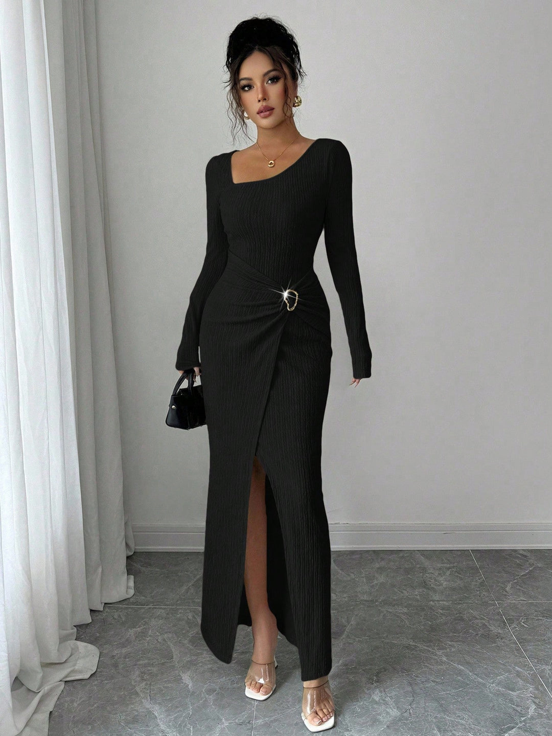 Damen nan figurbetontes Maxikleid aus geripptem Strick mit Wickeldetail und Schlitz R&B
