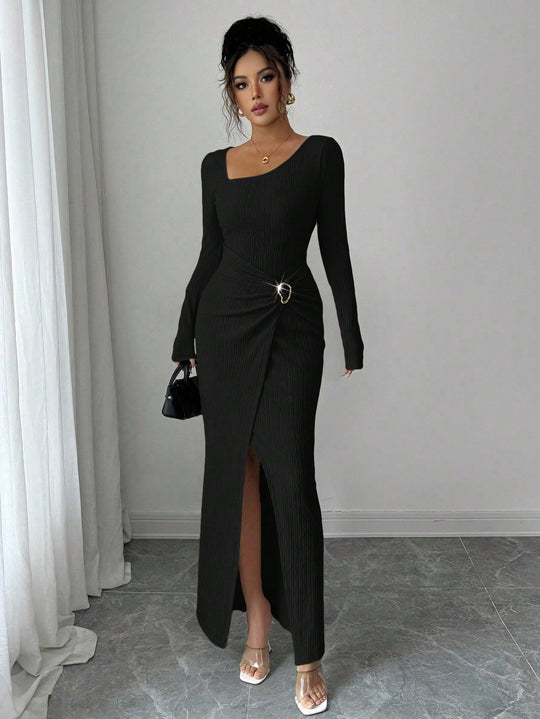Damen nan figurbetontes Maxikleid aus geripptem Strick mit Wickeldetail und Schlitz R&B