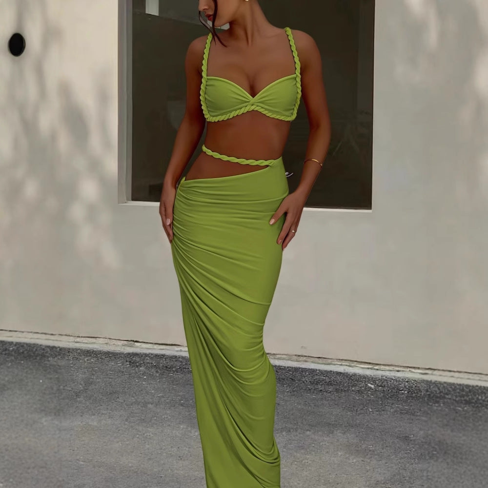 Damen Strandbekleidungs-Set mit geflochtenem Oberteil und elegantem Wickelrock R&B