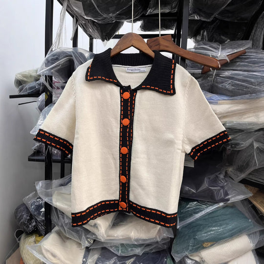 Damen Kurzarmpullover mit kontrastierenden Details R&B