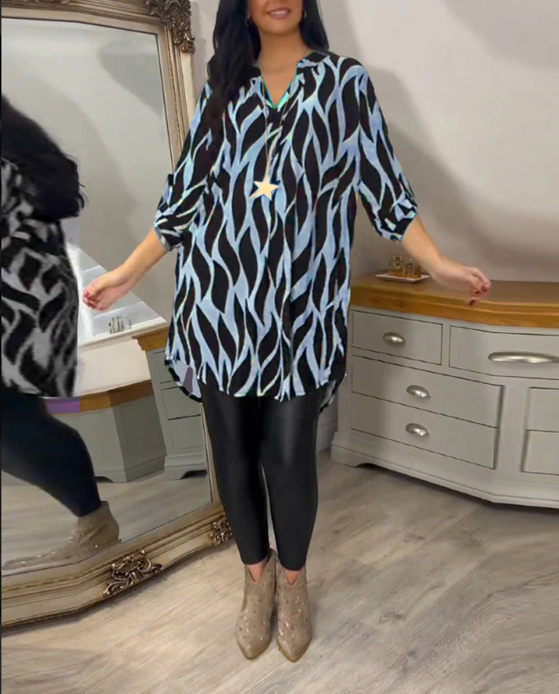 Damen lange Bluse im modernen Wellenmuster mit eleganten Details Heidi-Mode