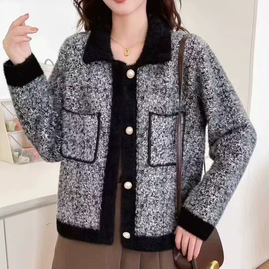 Damen Flauschige Strickjacke mit kontrastierenden Taschen und Kragen R&B