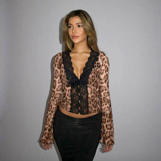 Damen Elegant geschnittenes Top mit animalischem Muster und Rüschendetails R&B