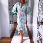 Damen nan luftig-fließendes Boho-Midikleid mit V-Ausschnitt, geraffter Smock-Taille, Kordelzug mit Quasten und asymmetrischem Volant-Saum R&B