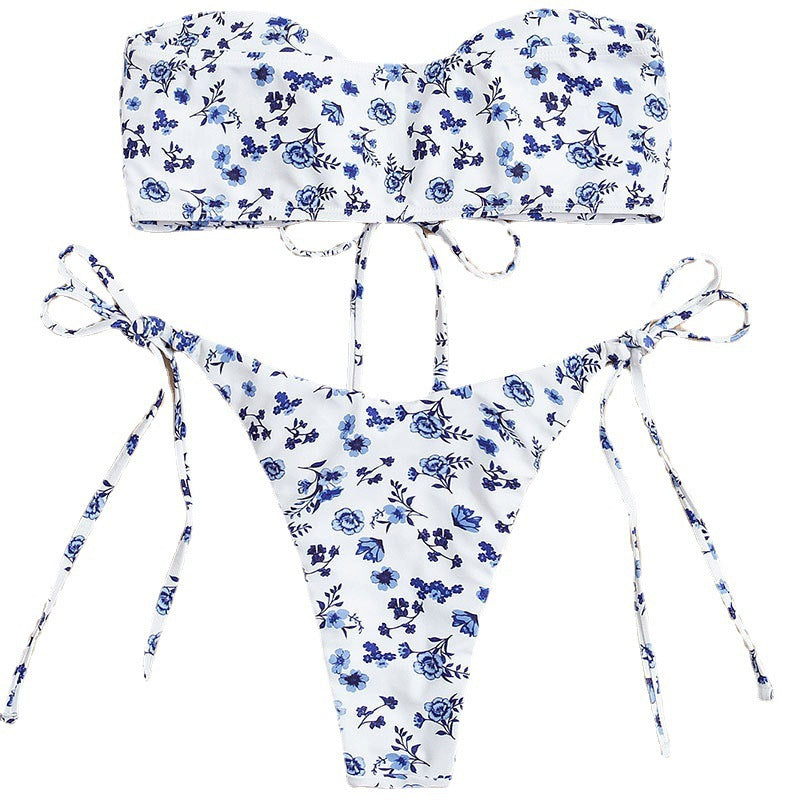 Damen Bandeau-Bikini mit romantischem Floral-Design und verstellbaren Schnürdetails R&B