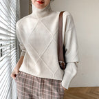 Damen Strickpullover mit hohem Kragen und Rautenmuster R&B