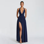 Damen Maxikleid mit tiefem V-Ausschnitt und seitlichem Schlitz R&B