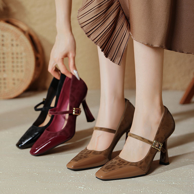 Damen elegante Mary Jane Pumps mit charakteristischem Blockabsatz und dekorativem Riemen R&B