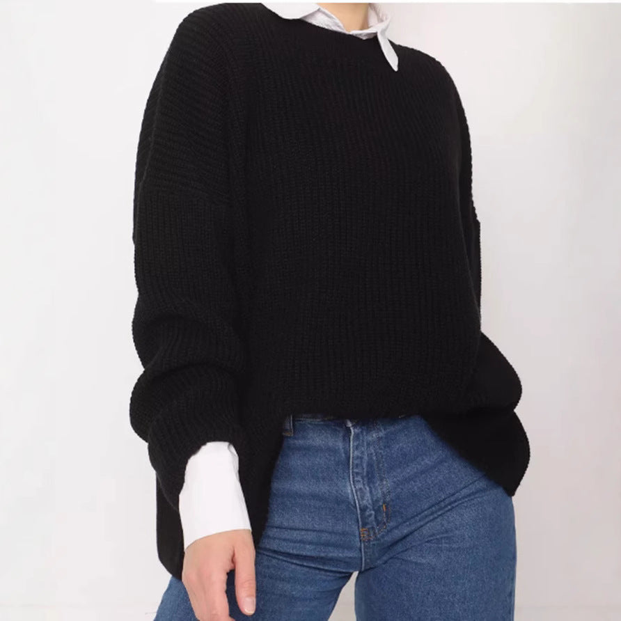 Damen Lässiger Grobstrickpullover mit weiten Ärmeln und modernem Schnitt R&B