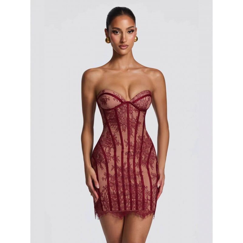 Damen Sexy Spitzenkleid mit gerafftem Schnitt und herzförmigem Ausschnitt R&B