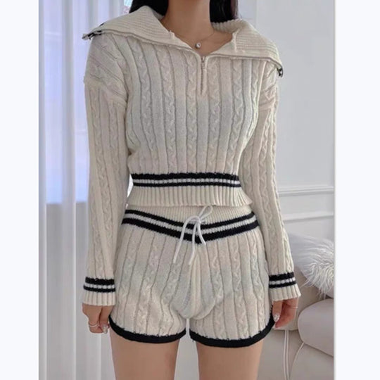 Damen Cropped Strickpullover mit hohem Kragen und Shorts im Set R&B
