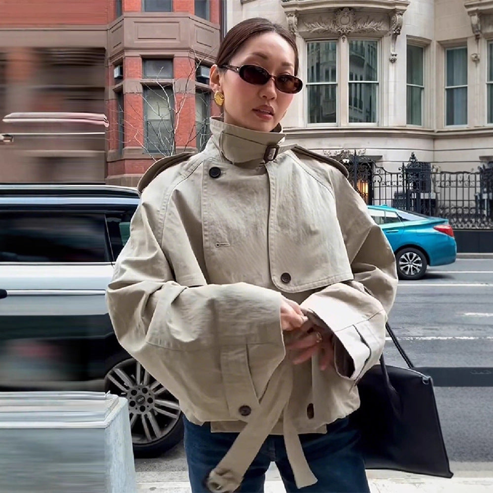 Damen Modische Kurzjacke mit hohem Kragen und Taillengürtel R&B