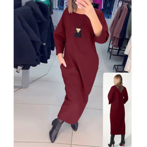 Damen nan gerades Maxikleid mit knöchellanger Silhouette, halblangen Ärmeln, Seitentaschen und transparentem V-Rücken R&B