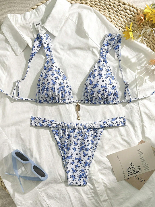 Damen Triangel-Bikini mit floralen Mustern und verstellbaren Trägern R&B