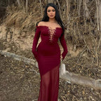 Damen figurbetontes Maxikleid mit Off-Shoulder Design und transparentem Rock R&B