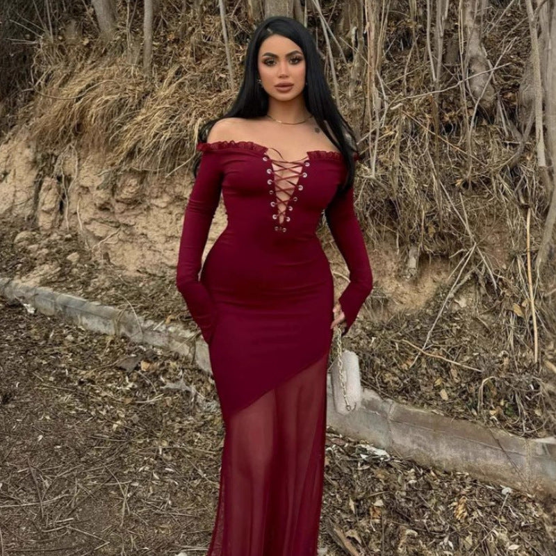 Damen figurbetontes Maxikleid mit Off-Shoulder Design und transparentem Rock R&B