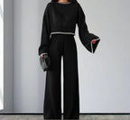 Damen elegantes Strickanzug mit weitem Bein und romantischen Ärmeln R&B