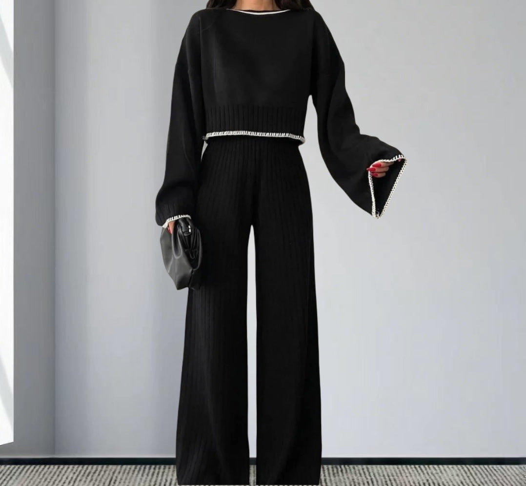 Damen elegantes Strickanzug mit weitem Bein und romantischen Ärmeln R&B