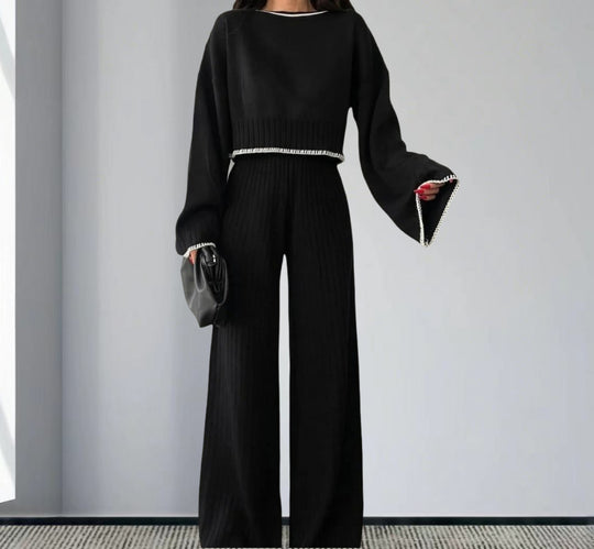 Damen elegantes Strickanzug mit weitem Bein und romantischen Ärmeln R&B