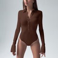 Damen eleganter Langarm-Bodysuit mit Knopfleiste und modischen Details R&B