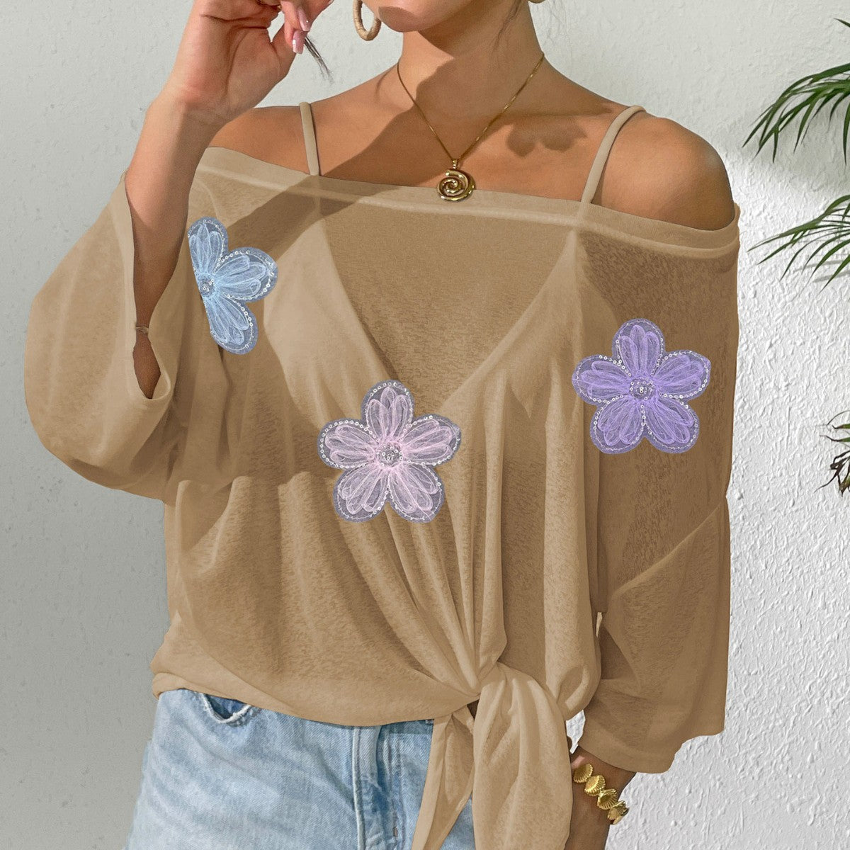 Damen lässiges Oberteil mit floralem Design und seitlichem Knoten R&B