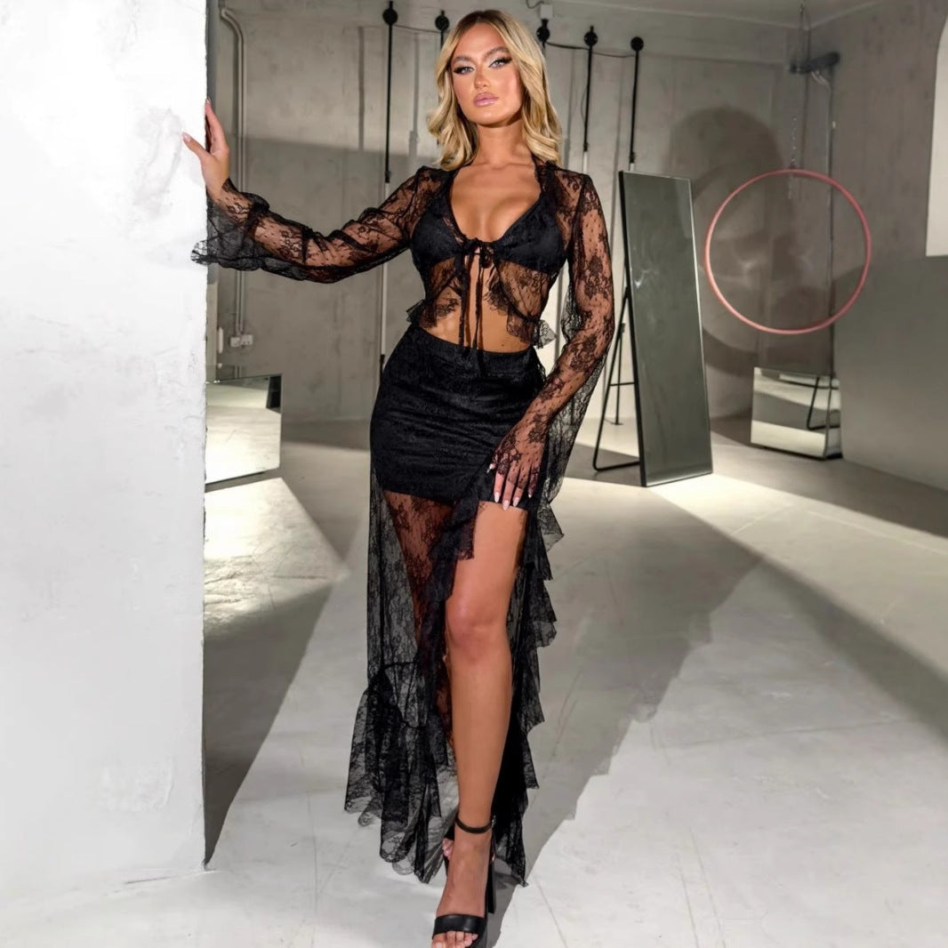 Damen Transparente Bluse mit Rüschenärmel und frechem BindR&Band R&B