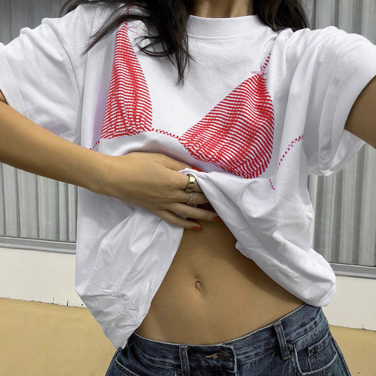Damen lockeres T-Shirt mit grafischem Bikini-Print R&B