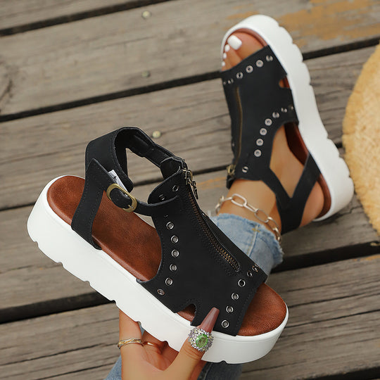 Damen Offene Plateau-Sandalen mit modischem Reißverschlussdesign und eleganten Ösen R&B