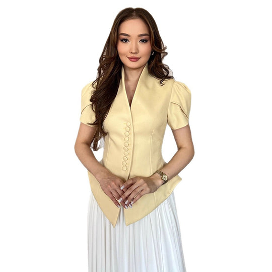 Damen elegante Designerbluse mit Puffärmeln und Knopfdetails R&B