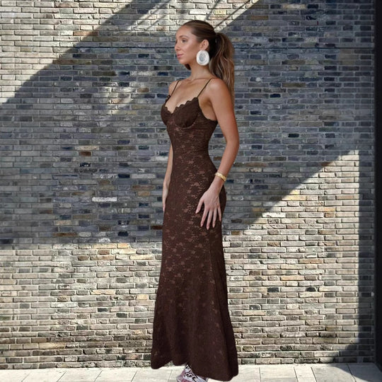 Damen Elegantes Spitzen-Maxikleid mit tiefem V-Ausschnitt R&B