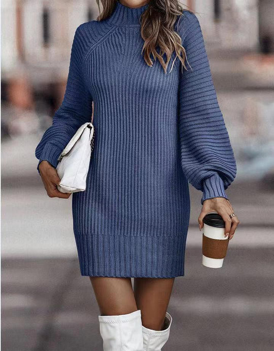 Damen Strickkleid mit weitem Rollkragen und puffärmeligen Details R&B