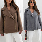 Damen stylische Wolljacke mit asymmetrischem Reißverschluss und großem Kragen R&B