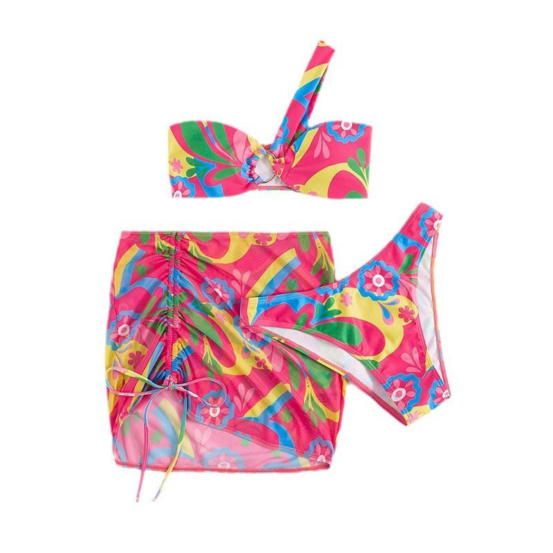 Damen Bunt bedrucktes Bikini-Set mit elegantem Wickelrock und verstellbaren Trägern R&B