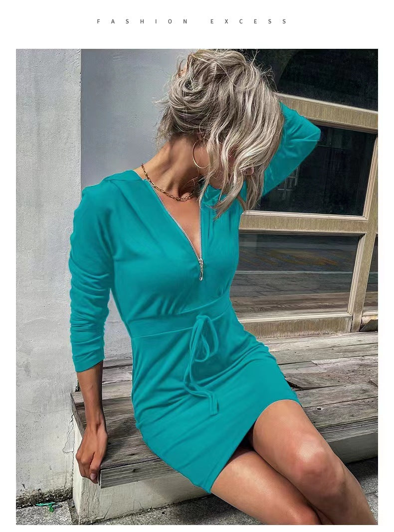 Damen Kapuzenkleid mit Reißverschluss und Taillenzug R&B