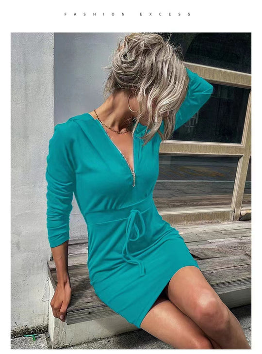 Damen Kapuzenkleid mit Reißverschluss und Taillenzug R&B