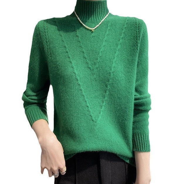 Damen weicher Strickpullover mit hohen Kragen und V-Design R&B