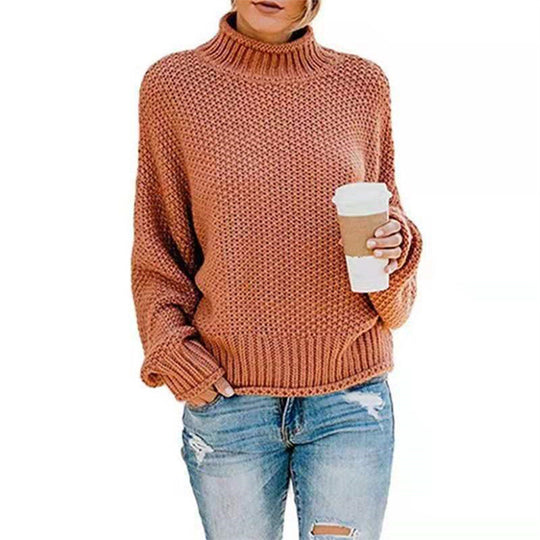 Damen lässiger Strickpullover mit hohem Kragen und strukturierter Oberfläche R&B