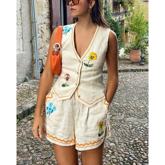 Damen Set aus ärmellosem Blusenkleid und Shorts mit floralem Design R&B