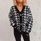 Damen gemütlicher Strickcardigan mit modernen Hahnentrittmuster und Knopfdetails R&B