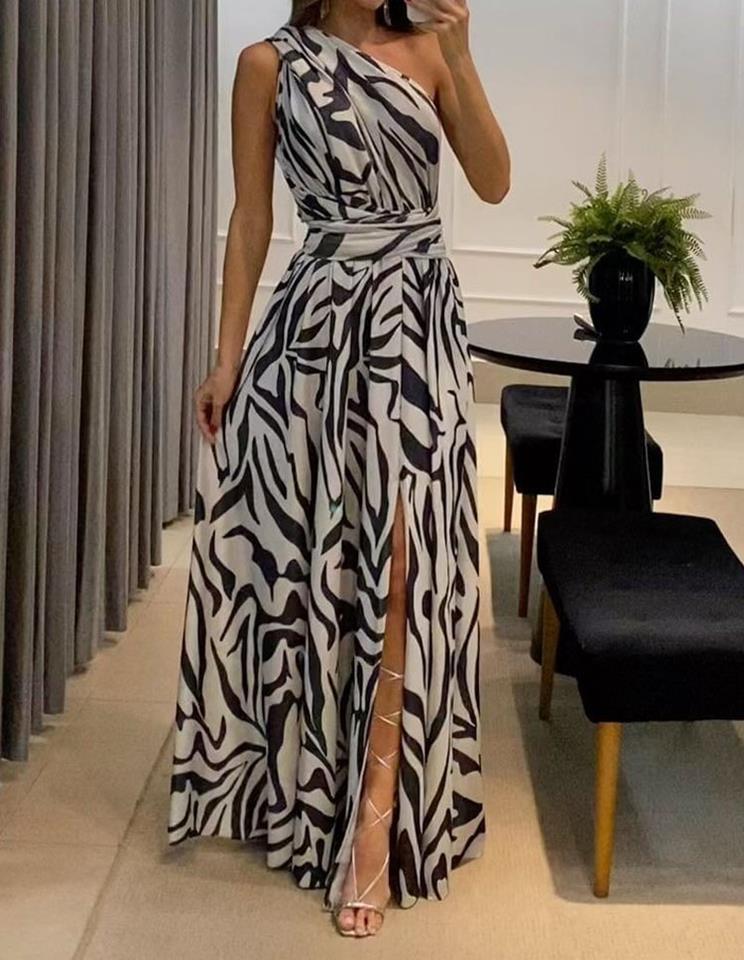 Damen Elegantes Maxikleid mit asymmetrischem Ausschnitt und Schlitz R&B