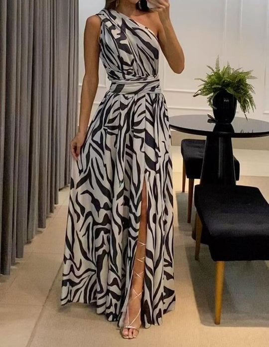 Damen Elegantes Maxikleid mit asymmetrischem Ausschnitt und Schlitz R&B