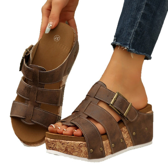 Damen modische Keil-Sandalen mit verstellbaren Riemen und korkähnlicher Sohle R&B
