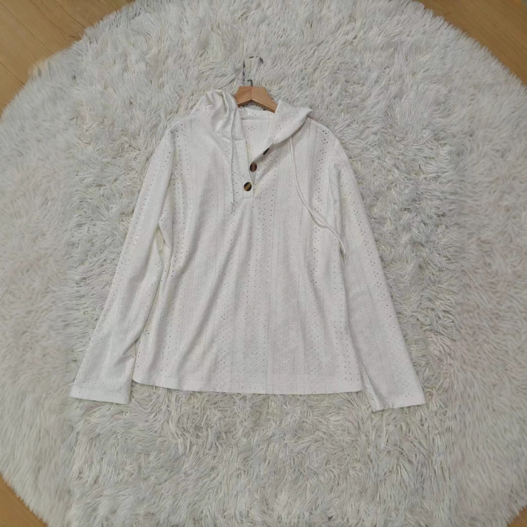Damen lässiges Hoodie-Oberteil mit Knopfleiste und modernem Lochmuster R&B
