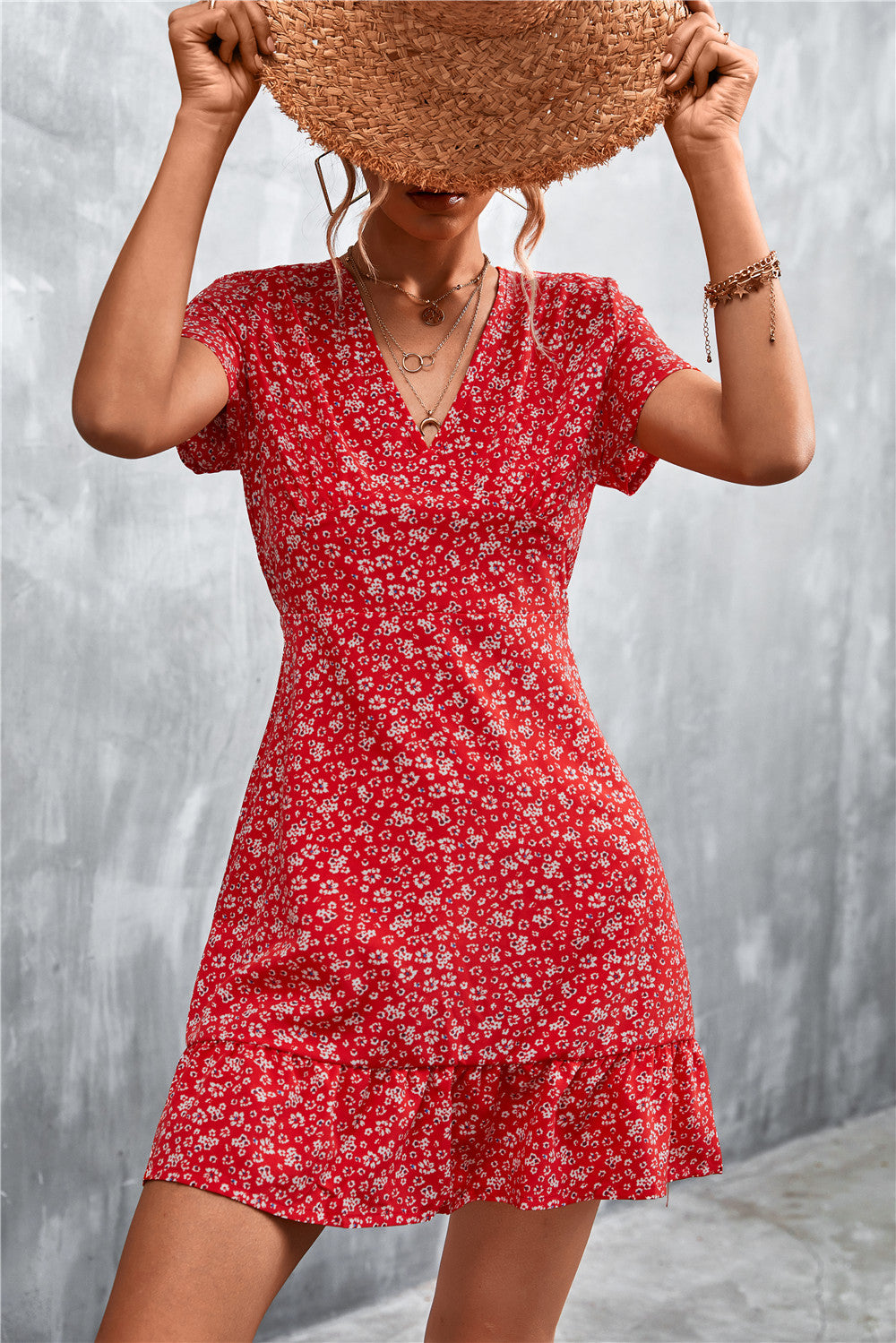Damen Sommerliches Minikleid mit floralem Design und verspieltem Saum R&B