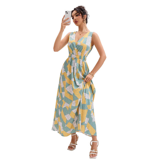 Damen Maxikleid mit tiefem V-Ausschnitt und modischem geometrischen Muster R&B