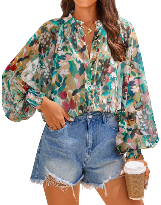 Damen Bluse mit kunstvollem Druck und geschöpften Ärmeln R&B